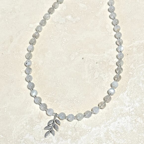 White Moonstone Silver Leaf Branch Necklace, Genuine Gemstone Beaded Choker - Picture 7 of 13